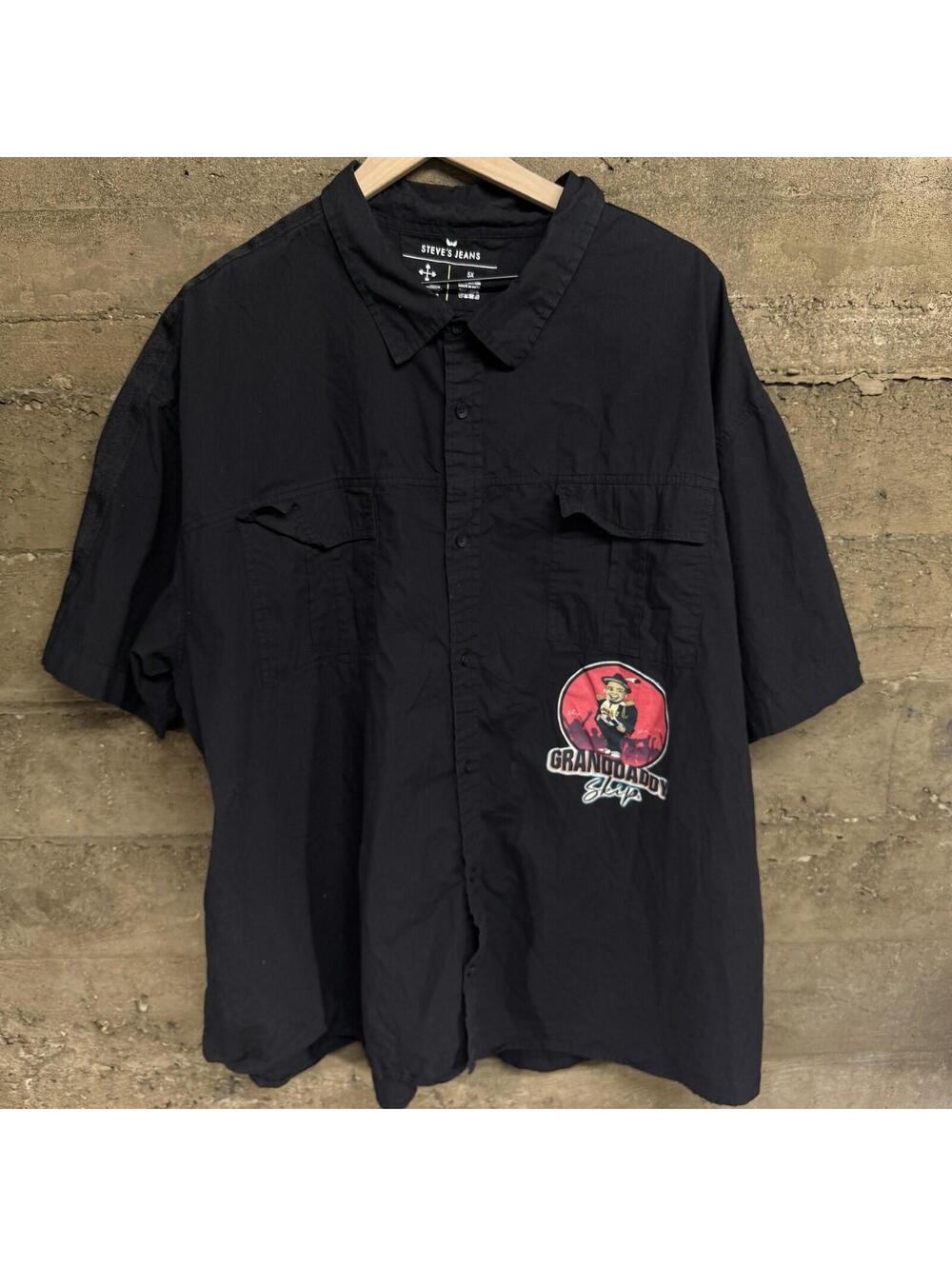 Y2K Rap Steve’s Jeans 5X Graphic Button Shirt Jordan True Blue Patchwork Black
